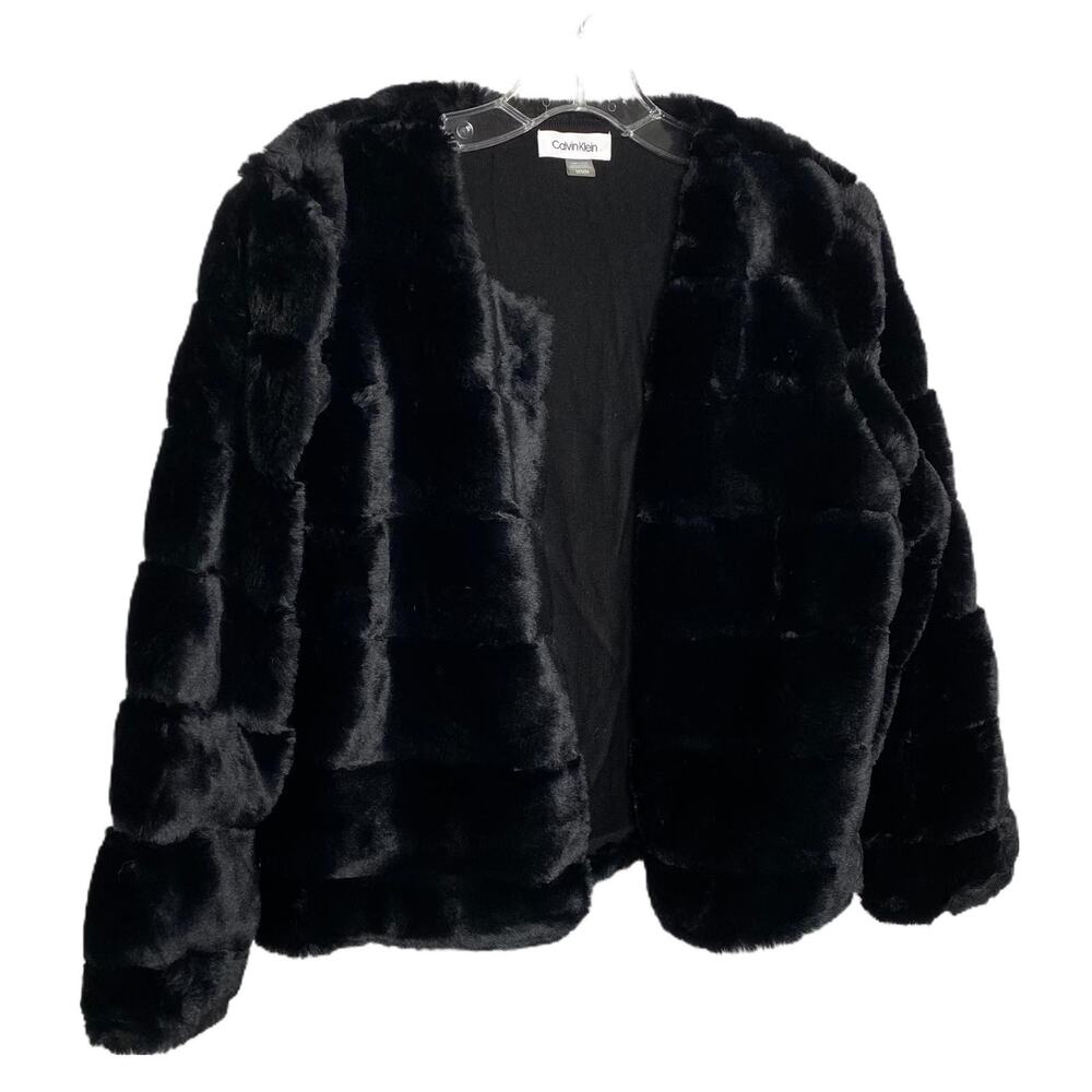 Calvin Klein Women's Size M Black Patchwork‎ Faux Fur Cardigan Open Front
